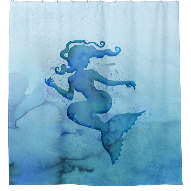 Blue Watercolor Mermaid Shower Curtain (Front)