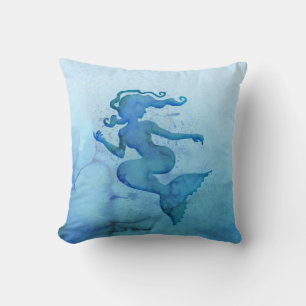 Blue Watercolor Mermaid Throw Pillow