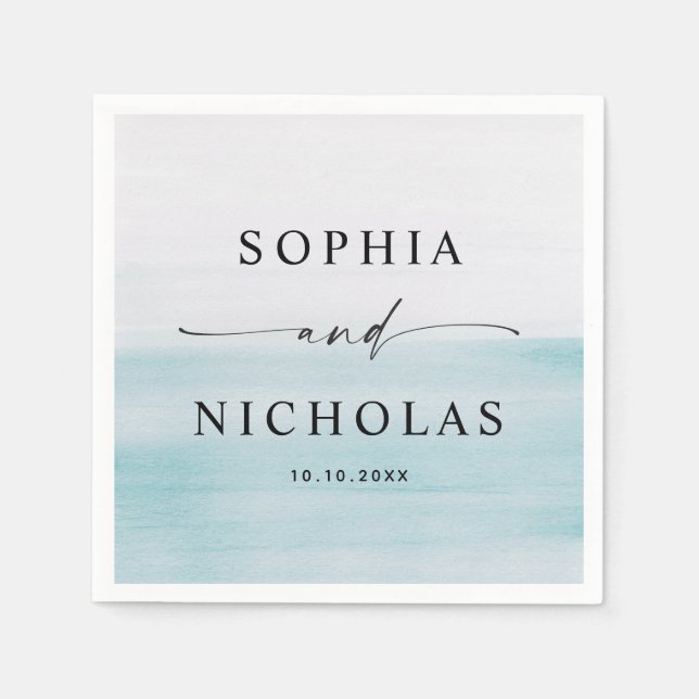 Blue Watercolor Minimalist Nautical Wedding Script Napkins (Front)