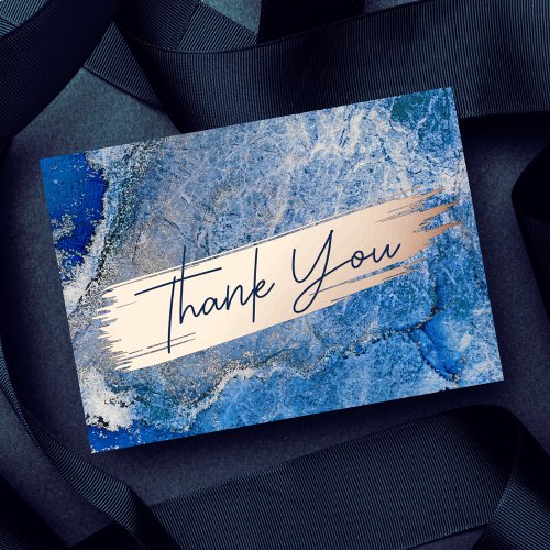  Blue Watercolor Modern Gold Marble Chic Thank You Foil Holiday Card