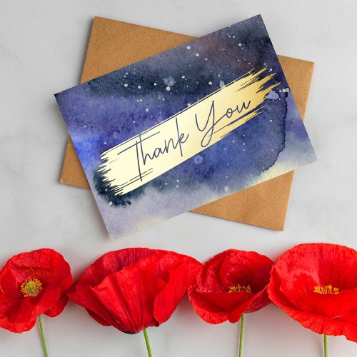 Blue Watercolor Modern Gold Script Chic Thank You  Foil Holiday Card