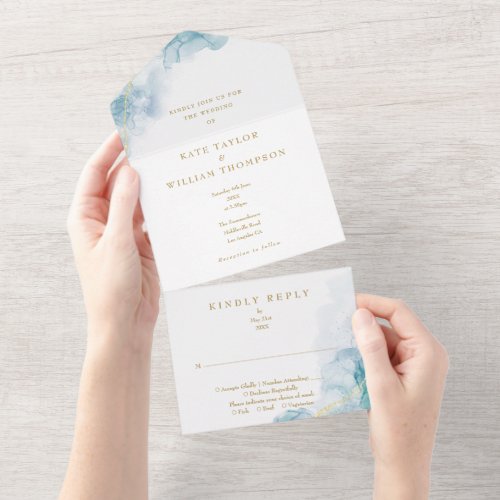 Blue Watercolor Modern Gold Wedding All In One Invitation