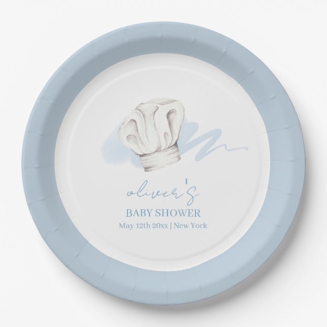 Blue Watercolor Modern Little Chef Baby Shower Paper Plates (Front)