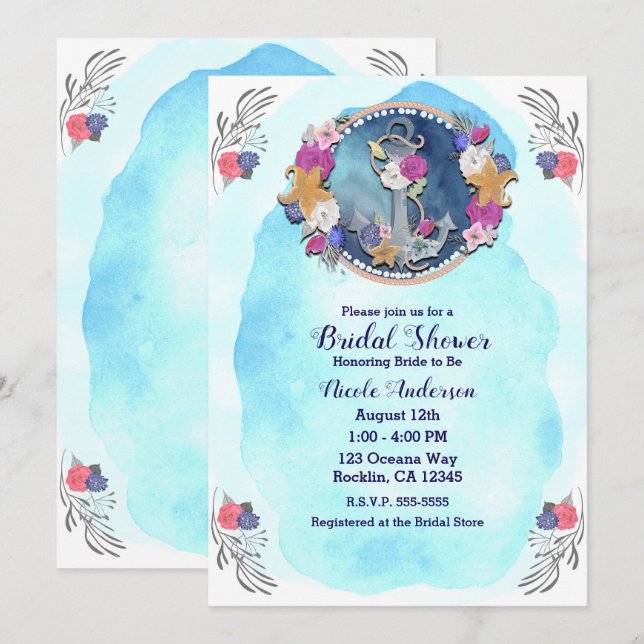 Blue Watercolor Modern Nautical Floral Anchor Invitation (Front/Back)