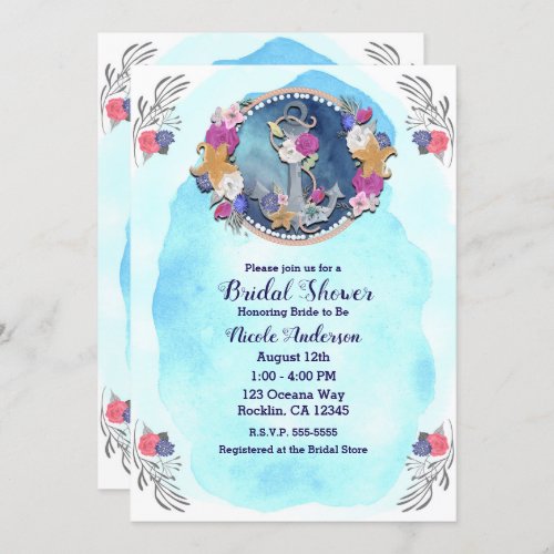 Blue Watercolor Modern Nautical Floral Anchor Invitation