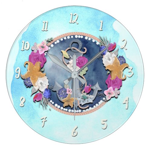 Blue Watercolor Modern Nautical Floral Anchor Large Clock