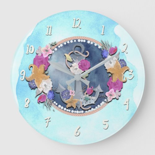 Blue Watercolor Modern Nautical Floral Anchor Large Clock