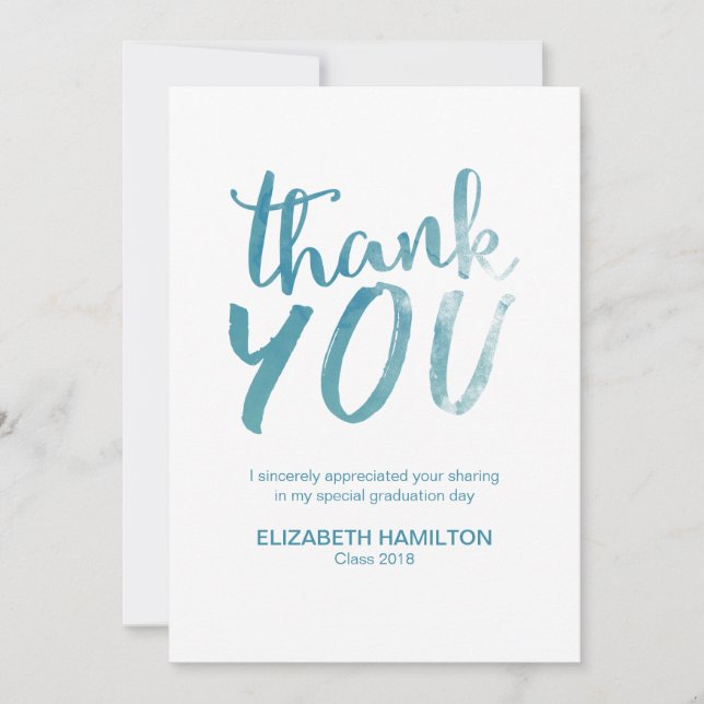 Blue Watercolor Modern Script Graduation Thank You Card (Front)