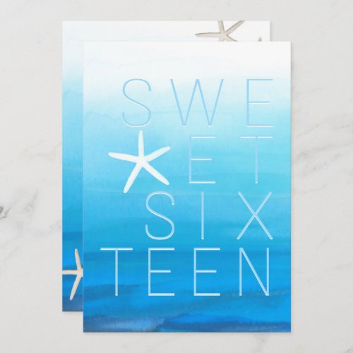 Blue Watercolor Modern Sweet 16 Beach Party Invitation
