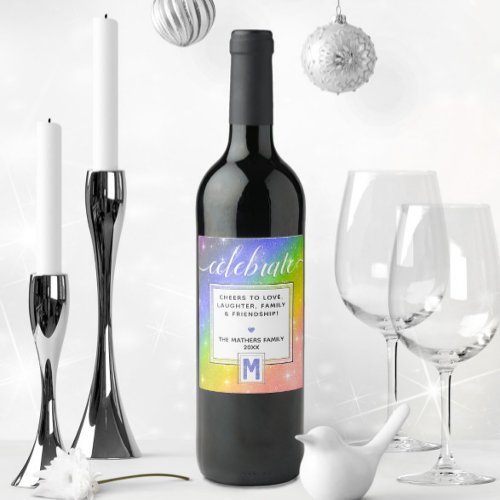 Blue Watercolor Monogram CELEBRATE Love Rainbow Wine Label