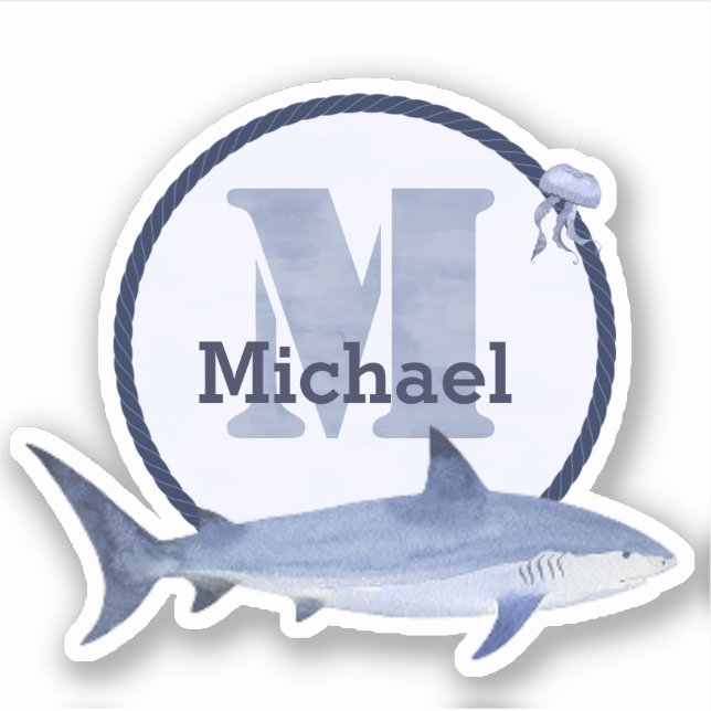 Blue Watercolor Monogram, Name, Shark & Jellyfish Sticker (Front)