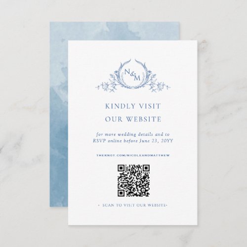 Blue Watercolor Monogram QR Code RSVP Online Enclosure Card