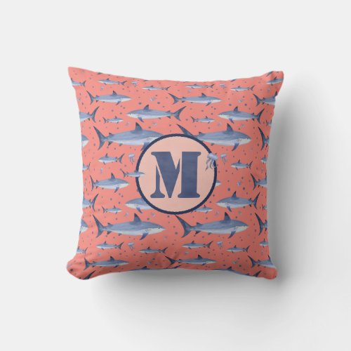 Blue Watercolor Monogram Shark Jellyfish on Coral Throw Pillow