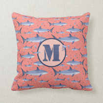 Blue Watercolor Monogram Shark Jellyfish on Coral Throw Pillow
