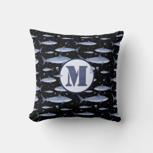 Blue Watercolor Monogram Shark Jellyfish Pattern Throw Pillow
