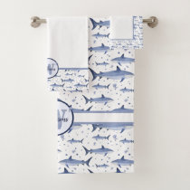 Blue Watercolor Monogram Shark Marine Life Sea Bath Towel Set