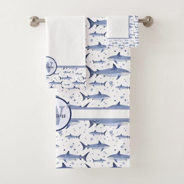 Blue Watercolor Monogram Shark Marine Life Sea Bath Towel Set (Insitu)