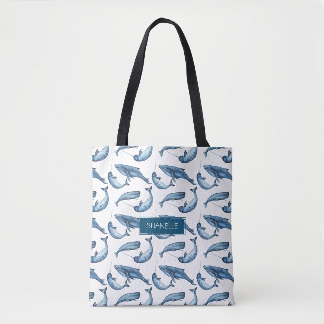 Blue Watercolor Monogrammed Whale and Narwhal Tote Bag (Front)