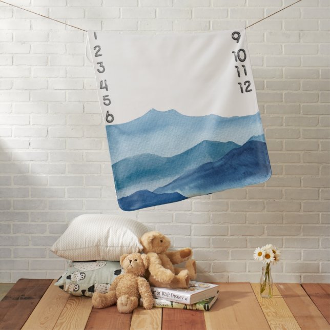 Blue Watercolor Months Milestone Baby Boy Blanket (In Situ)