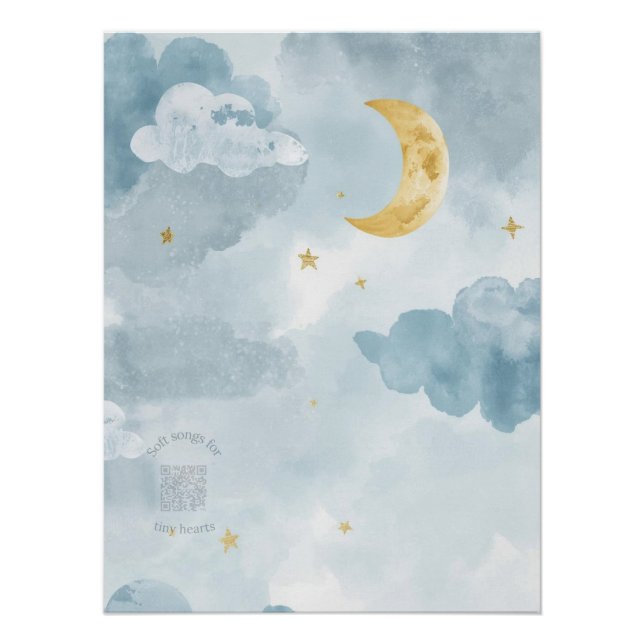 Blue Watercolor Moon Nursery Print with Playlist (Front)