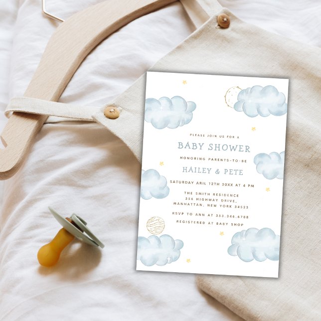 Blue Watercolor Moon Star Cloud Boy Baby Shower Invitation (Blue Watercolor Moon Star Cloud Boy Baby Shower Invitation)