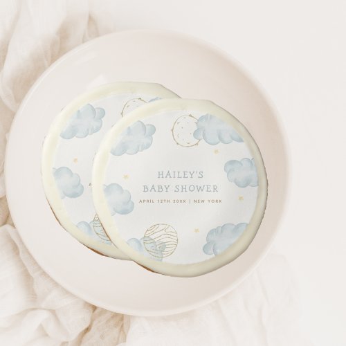 Blue Watercolor Moon Star Cloud Boy Baby Shower Sugar Cookie