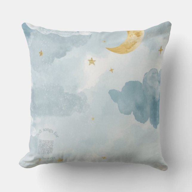 Blue Watercolor Moon Throw Pillow – Scan for Music (Front)