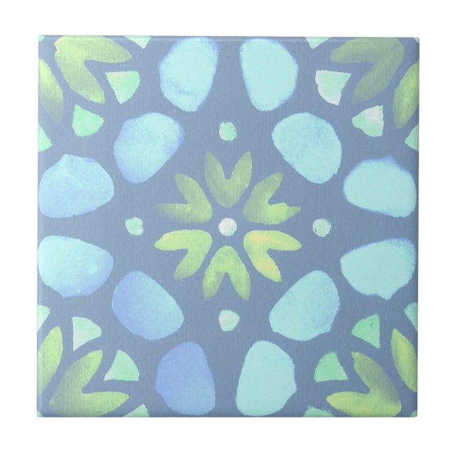 Blue watercolor moroccan pattern ceramic tile (Front)
