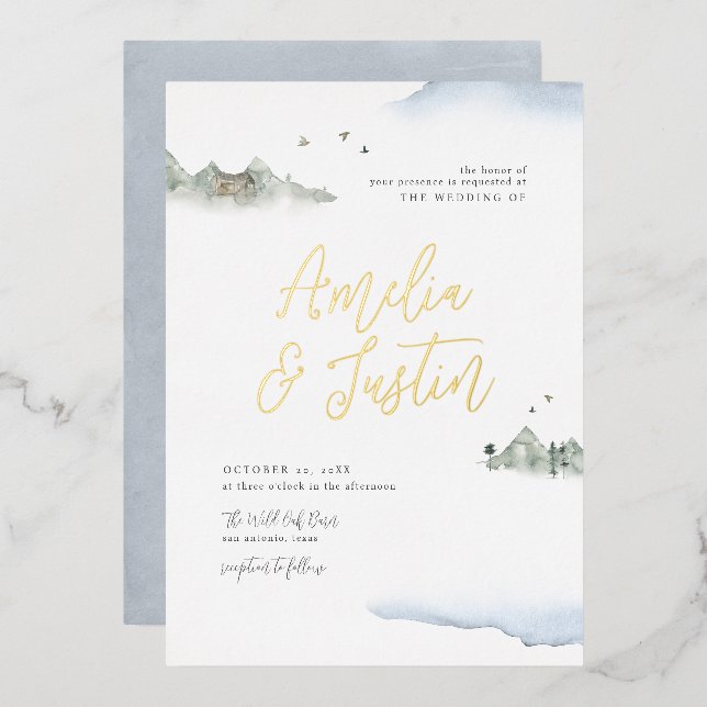 Blue Watercolor Mountain Destination Wedding Foil Invitation (Front/Back)