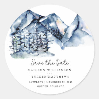 Blue Watercolor Mountain Rustic Boho Save the Date Classic Round Sticker