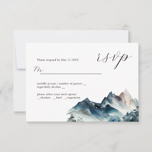 Blue Watercolor Mountain Wedding Design RSVP Card