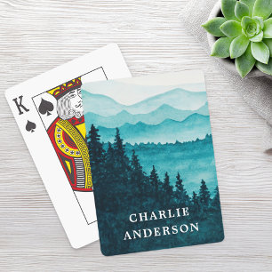 Blue watercolor mountains and forest scenery poker cards
