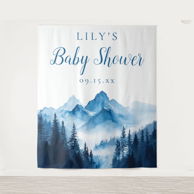 Blue Watercolor Mountains Baby Shower Backdrop (Front)