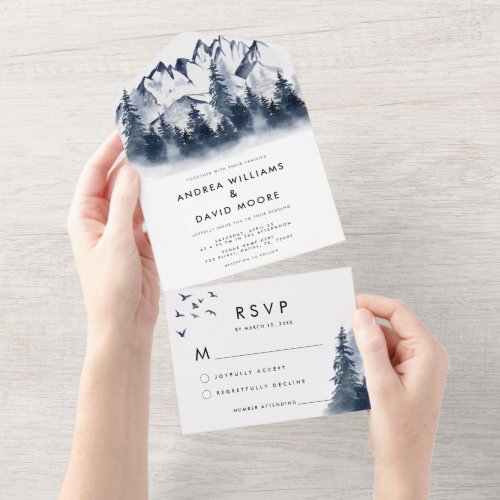 Blue Watercolor Mountains Forest Winter Wedding All In One Invitation