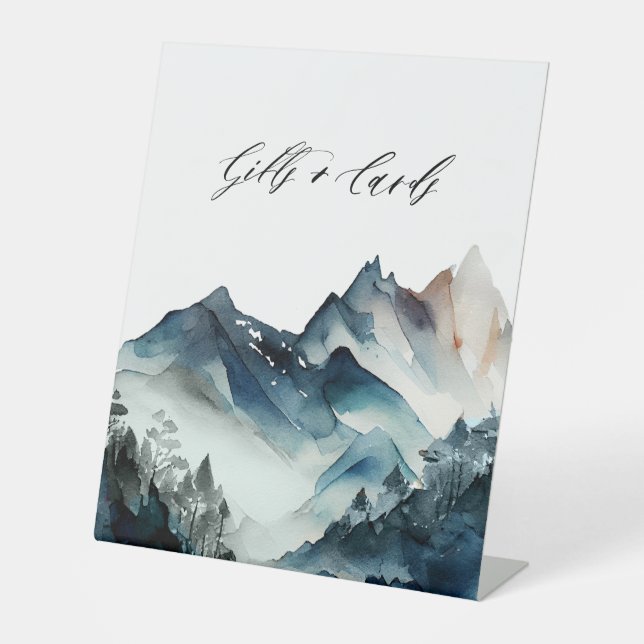 Blue Watercolor Mountains Gifts and Cards  Pedestal Sign (Front)