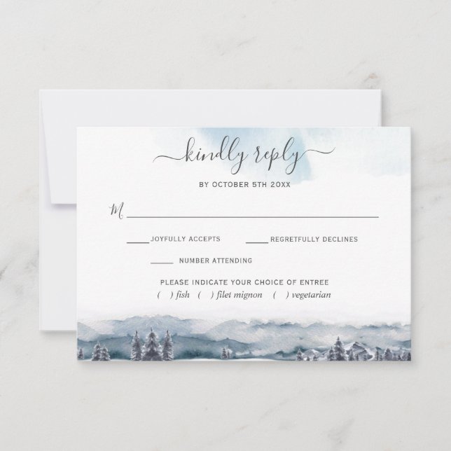 Blue Watercolor Mountains, w/out Meals RSVP Card (Front)