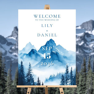 Blue Watercolor Mountains Wedding Welcome Sign