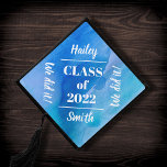 Blue Watercolor Name and Class Year Typography  Graduation Cap Topper<br><div class="desc">This graduation cap topper design features a lovely blue watercolor background, modern typography, and calligraphy script. The topper has your graduate's name, class of (year), and the phrase "we did it". All of the these can be changed using the "personalize it" tool. You can also remove the background and replace...</div>