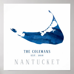 Blue Watercolor Nantucket Map Family Establised Poster