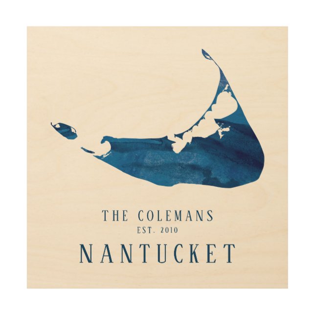 Blue Watercolor Nantucket Map Family Established Wood Wall Art (Front)