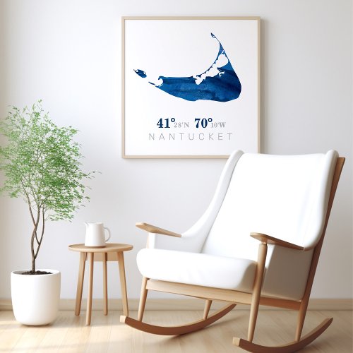 Blue Watercolor Nantucket Map with Coordinates Poster