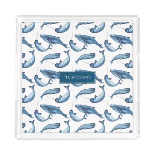 Blue Watercolor Narwhal and Whale Nautical Pattern Acrylic Tray
