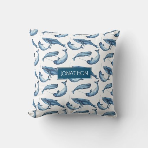 Blue Watercolor Narwhal and Whale Nursery Pillow
