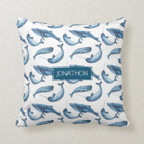 Blue Watercolor Narwhal and Whale Nursery Pillow