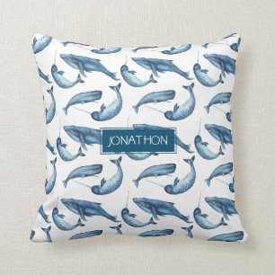 Blue Watercolor Narwhal and Whale Nursery Pillow