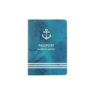 Blue Watercolor Nautical Anchor and Stripes Passport Holder