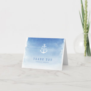 Blue watercolor nautical anchor monogram thank you card