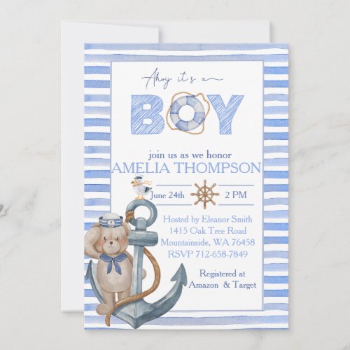 Blue watercolor nautical bear anchor baby shower invitation