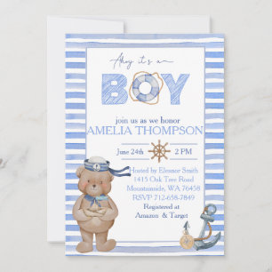 Blue watercolor nautical bear anchor baby shower invitation