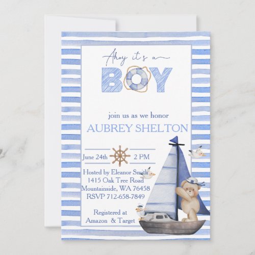 Blue watercolor nautical bear sailboat baby shower invitation
